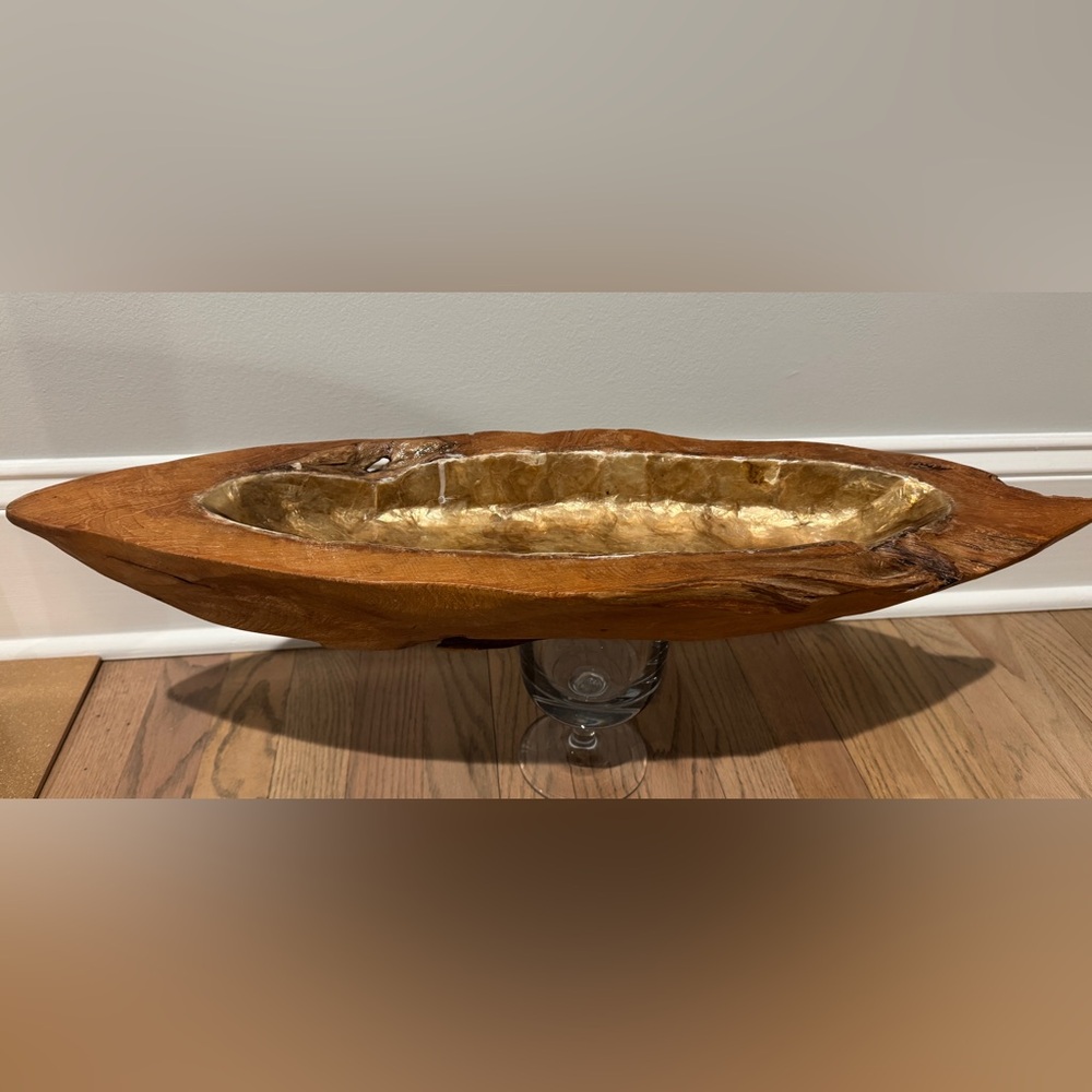 Z Gallerie Organic Quartz Gold Bowl Teak Wood Art 27” X 7.5” $298 Display Tray